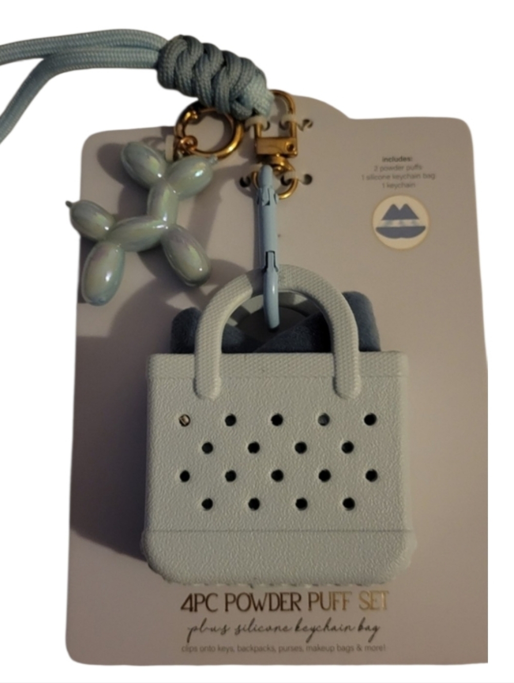 New Mini Tote Keychain, 4PC Powder Puff Set, Blue Iridescent Balloon Dog Charm